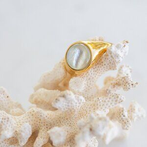 Gold Ring Non Tarnish Mother of Pearl Signet Ring Gold Statement Ring BEAUTIFUL